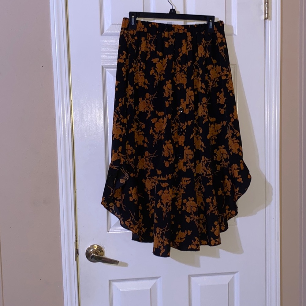 Shein black long skirt, floral orange pattern, XL, elastic waist band.